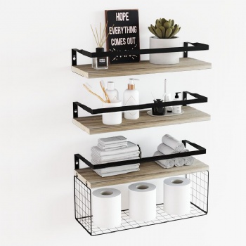 Floating shelves with storage baskets