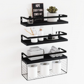 Floating shelves with storage baskets