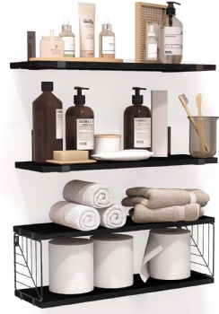 Floating shelves with storage baskets