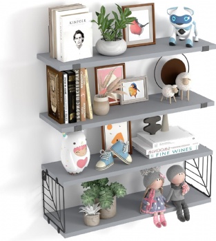 Floating shelves with storage baskets