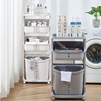 Multi-storey kitchen, bathroom with dirty laundry basket