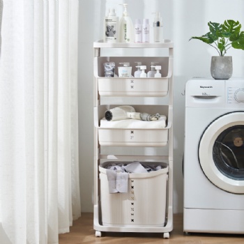 Multi-storey kitchen, bathroom with dirty laundry basket