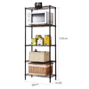 Five-tier storage shelves in the kitchen