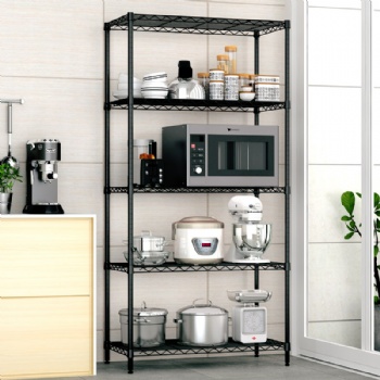 Five-tier storage shelves in the kitchen