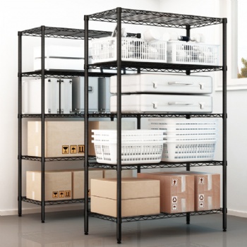 Five-tier storage shelves in the kitchen