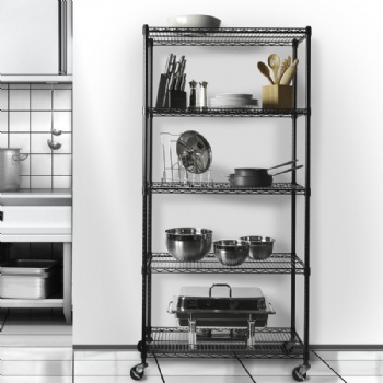 Five-tier storage shelves in the kitchen