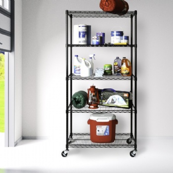 Five-tier storage shelves in the kitchen