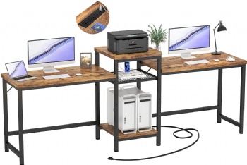 Double desk with power socket with open storage shelves and printer stand, gaming computer desk