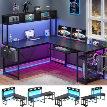 L-shaped computer desk with LED light