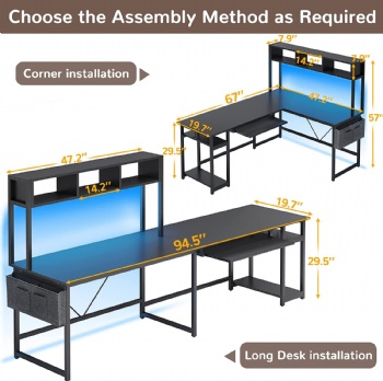 L-shaped computer desk with LED light